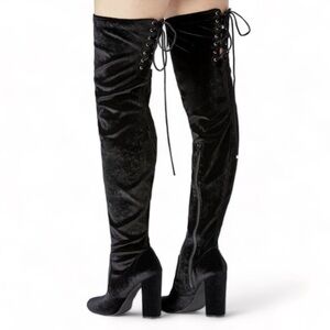 JustFab Thigh High Black Leona Lace Up Zipper Velvet Heeled Boots 5.5 US / 36 EU